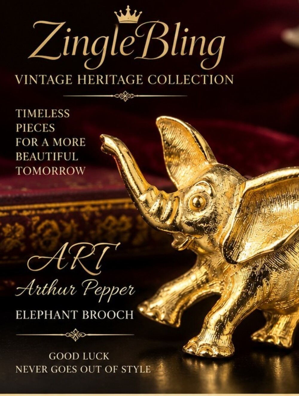 Vintage ART Arthur Pepper Gold Tone Elephant Brooch Lucky Figural